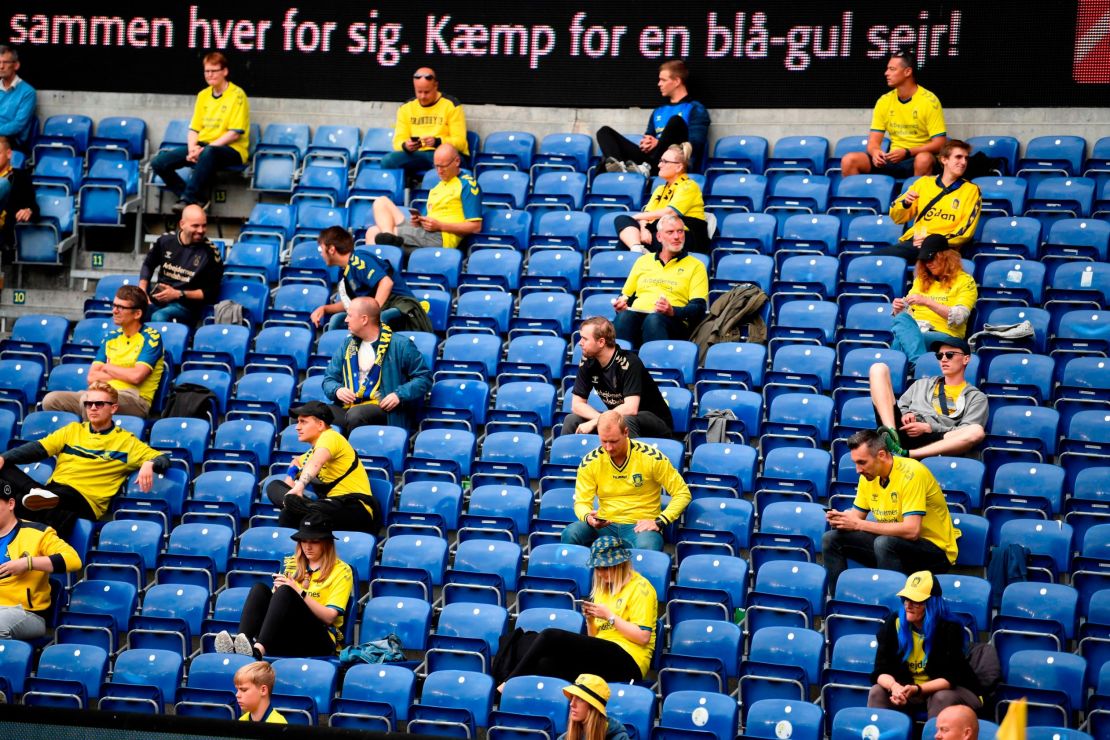 Spectators look on during the Danish Superliga match between Broendby and FC Copenhagen on June 21.