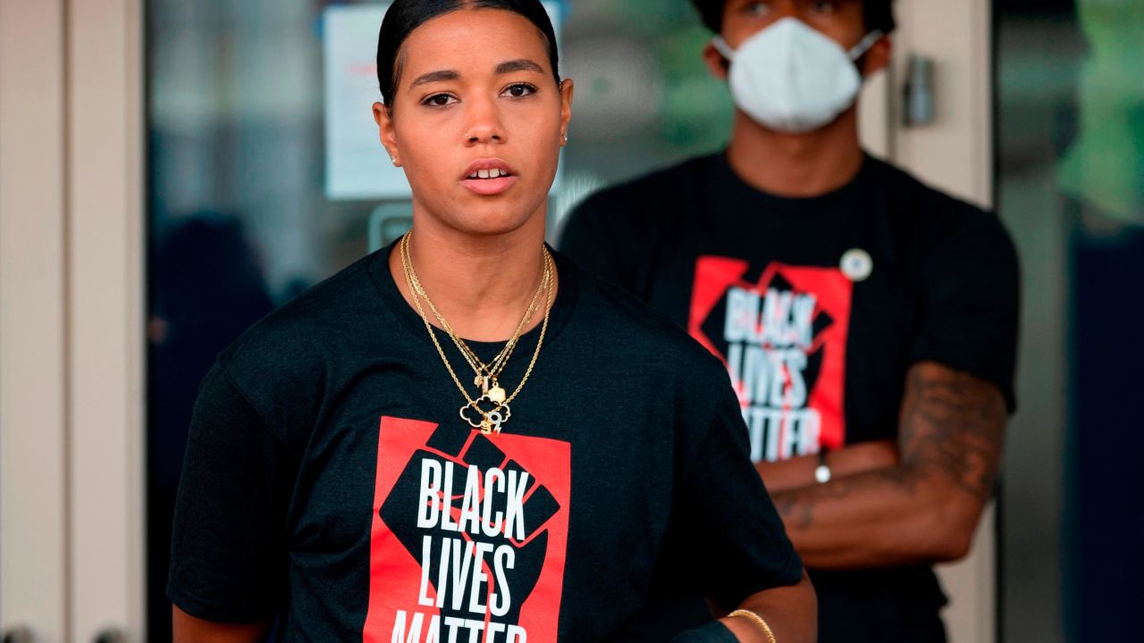 Natasha Cloud speaks prior to a  Juneteenth march and rally in Washington, DC, on June 19, 2020.