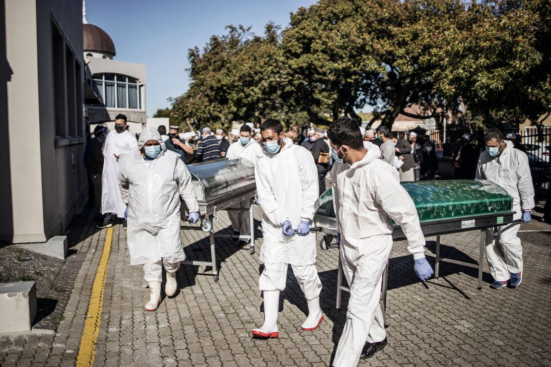 Undertakers carry coffins after funerals for Covid-19 victims at a Cape Town mosque in June. The Western Cape province is now in the middle of the peak of its coronavirus surge.