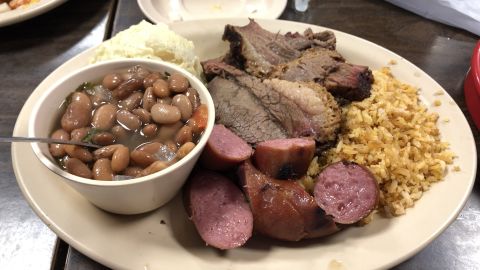 A brisket and sausage combo plate from The Red Barn BBQ in McAllen, Texas.