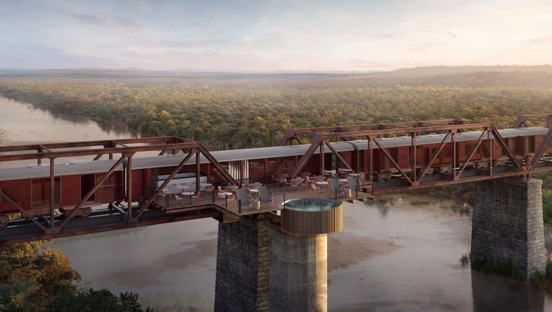 <strong>Kruger Shalati: The Train on the Bridge:</strong> Opening in late 2020, Kruger Shalati: The Train on the Bridge will feature 24 carriage rooms permanently stationed on the historic Selati Bridge over the Sabie River in Kruger National Park. There will also be a dramatic swimming pool on the bridge, as seen in this rendering of the project.  