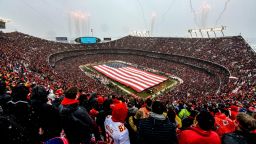 KANSAS CITY, MO - JANUARY 12: Fireworks are set off during the National Anthem prior to the game between the Kansas City Chiefs and the Indianapolis Colts at the AFC Divisional Round playoff game at Arrowhead Stadium on January 12, 2019 in Kansas City, Missouri. (Photo by Jason Hanna/Getty Images)