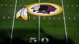 A general view of the Washington Redskins logo at center field before a game between the Detroit Lions and Redskins at FedExField on November 24, 2019 in Landover, Maryland.
