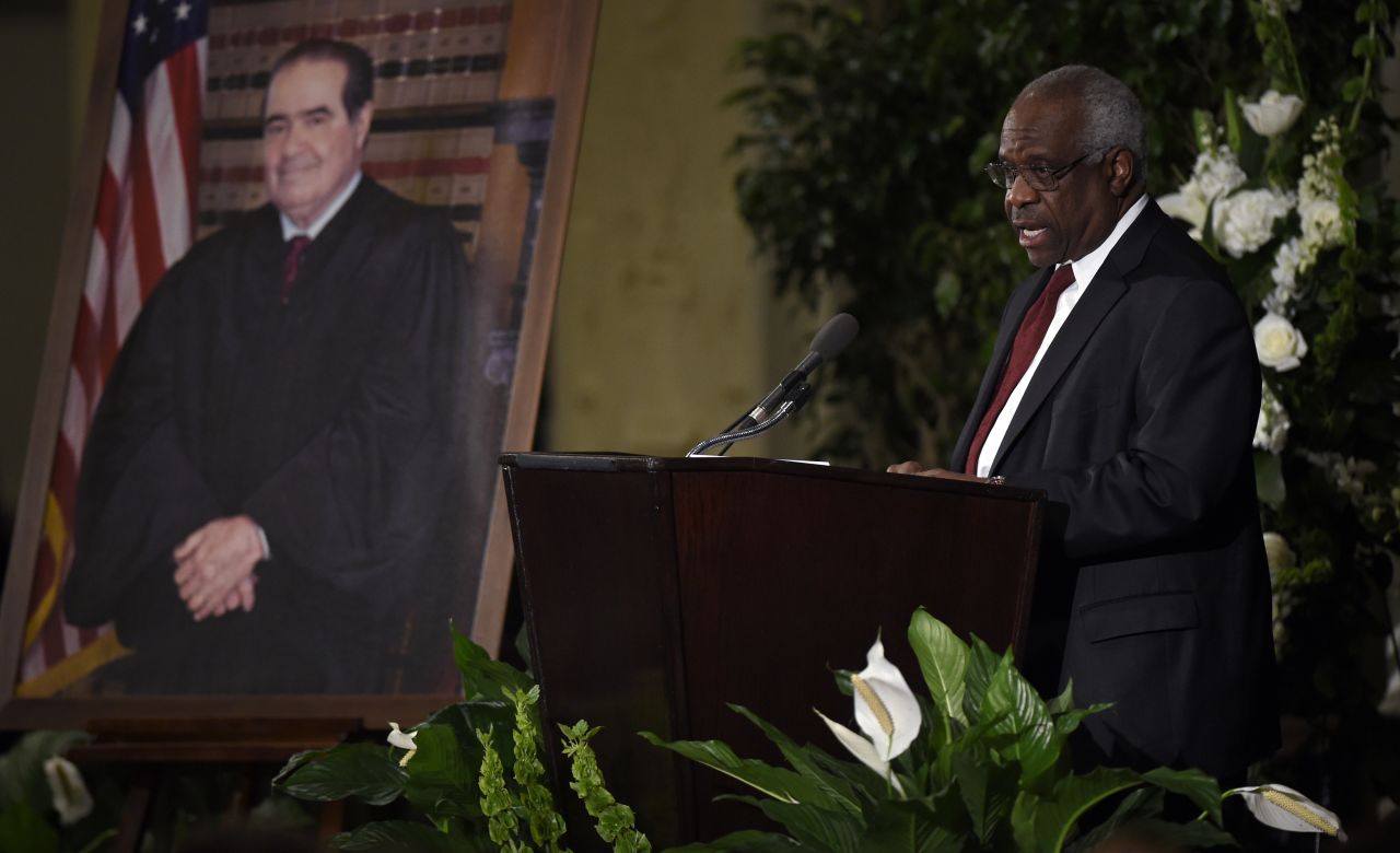Thomas speaks at the memorial service for Supreme Court Justice Antonin Scalia in 2016.