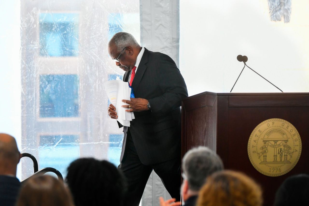 Thomas leaves the podium after making a keynote address at the new Nathan Deal Judicial Center in Atlanta in February 2020.
