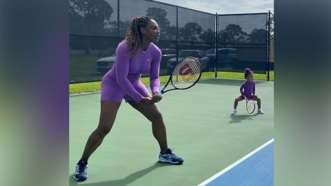 Serena Williams posted this photo to Instagram of her and her daughter playing tennis, with the message, 'Caption this.'