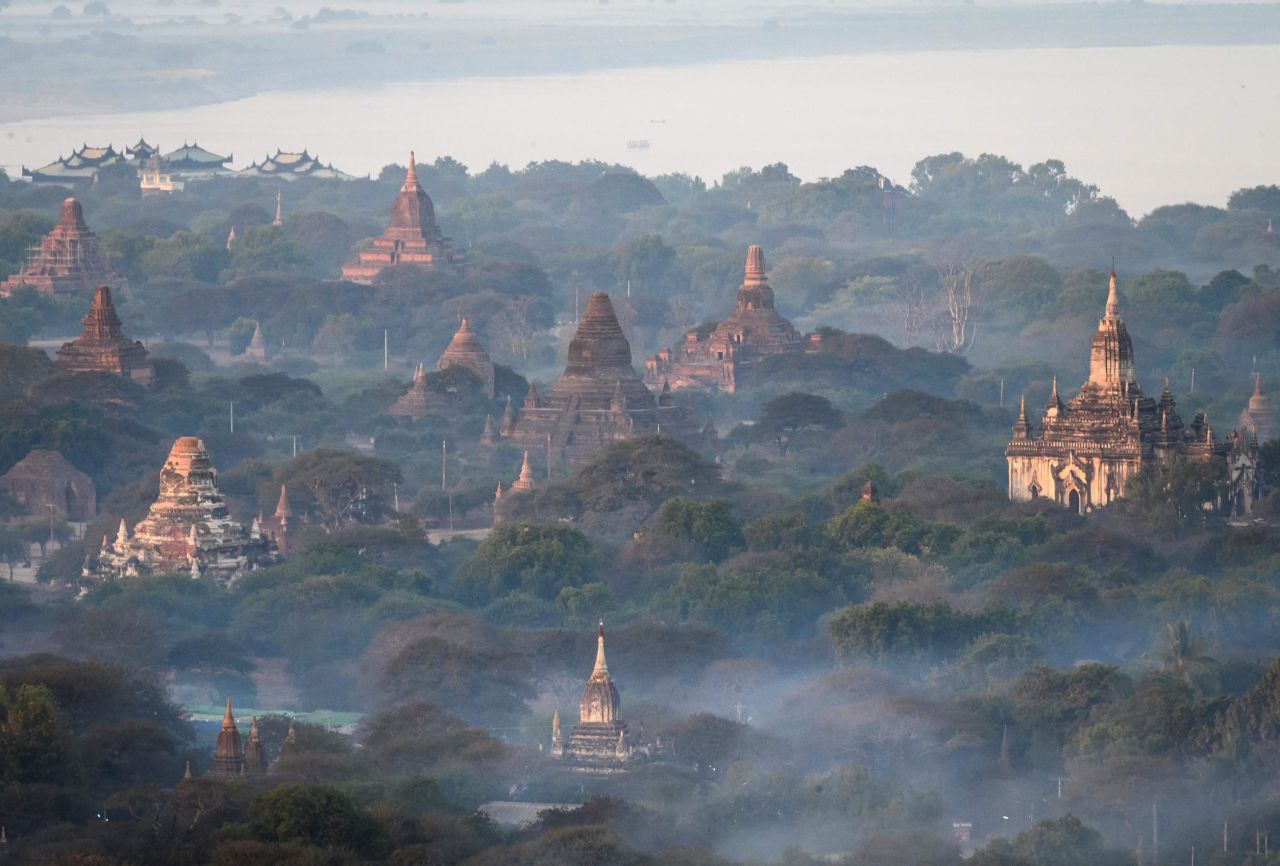 An aerial view of the temples of Bagan, an ancient city and a UNESCO World Heritage Site on January 18, 2020.