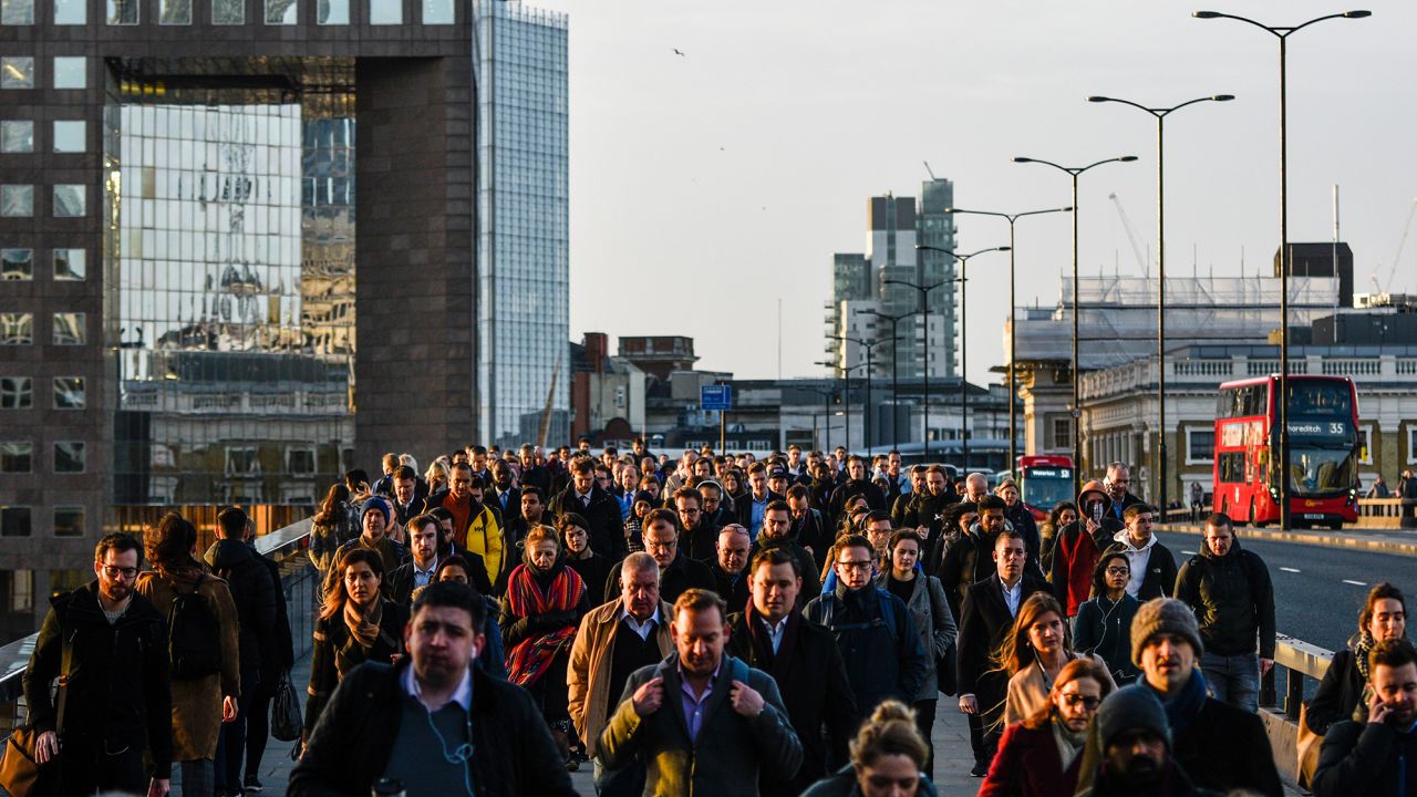 Commuters walk across London Bridge on February 3, 2020. The city went into lockdown on March 24.