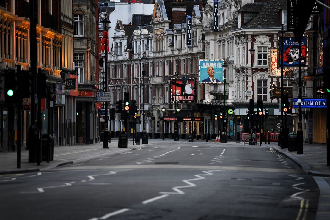 London's West End theater district on a Saturday evening in April.