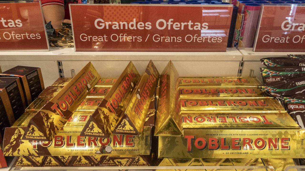 BARCELONA, SPAIN - SEPTEMBER 08: Toblerone chocolates are offered at discount price in the duty free area of Terminal 1 in Barcelona - El Prat Airport on September 08, 2019 in Barcelona, Spain. The airport, renamed Barcelona"u2013El Prat Josep Tarradellas Airport since February 27, 2019, is the main airport of Catalonia, the second largest and second busiest in Spain behind Madrid-Barajas Airport, and the sixth in the EU in terms of passengers, having handled in 2018 a record 50.2 million passengers, up 6.1 percent from 2017. It is a hub for Level and Vueling, and a focus city for Air Europa, Iberia, EasyJet, Norwegian and Ryanair. It mainly serves domestic European destinations, also having flights to North America, South America, Middle East, Asia and Africa. (Photo by Horacio Villalobos - Corbis/Corbis via Getty Images)