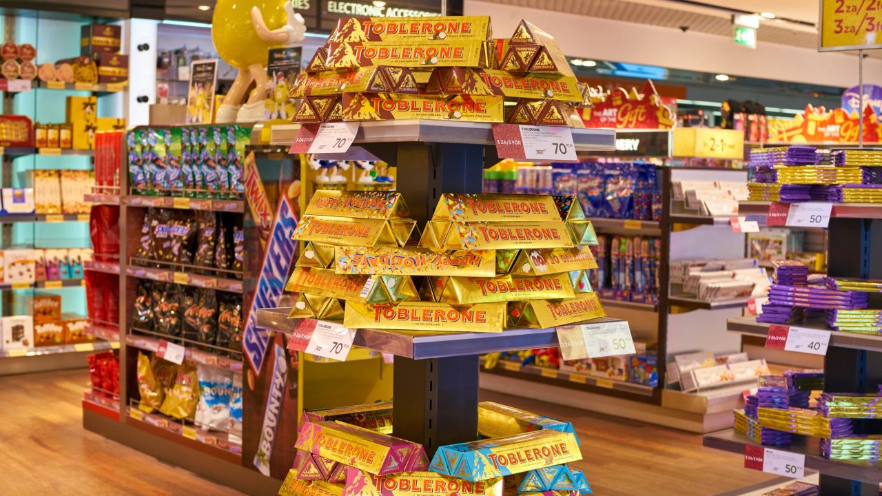 Bright yellow and gold wrapping also helps Toblerone stand out in airport shops.