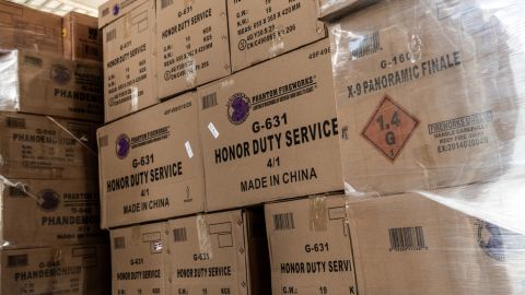 Boxes of fireworks stacked at Phantom Fireworks' store in Easton, PA. China produces more than 90% of the world's fireworks.