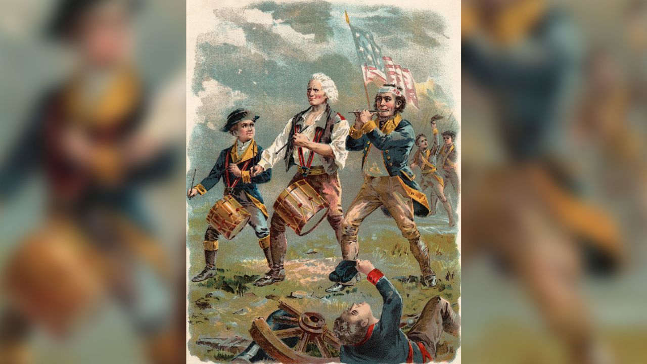 An image based on an iconic painting, "Spirit of '76," that depicts American patriots of the colonial era.