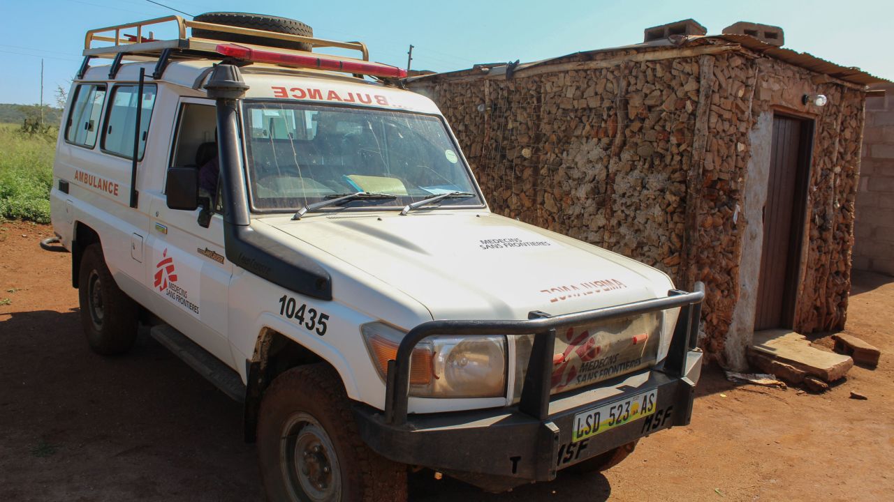A Medecins sans Frontieres mobile clinic visits patient homes delivering drug refills and food support in eSwatini