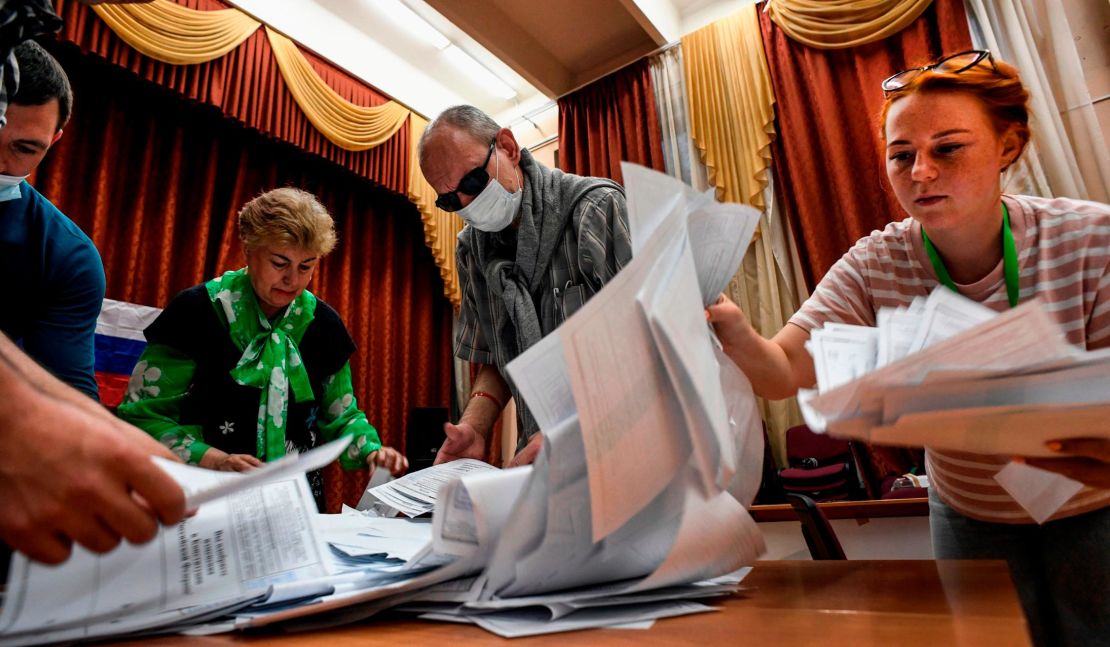 Ballots are counted at a polling station in Moscow on July 1, 2020, after a nationwide constitutional referendum. 