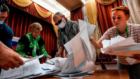 Ballots are counted at a polling station in Moscow on July 1, 2020, after a nationwide constitutional referendum.