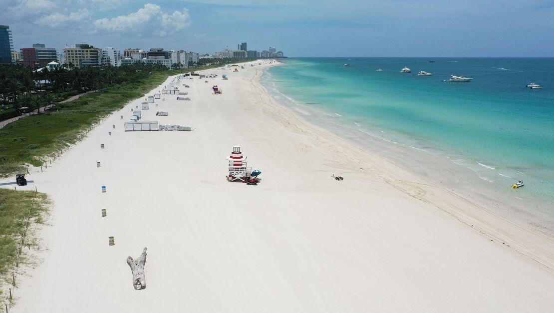 A view of an empty South Beach in Miami Beach, Florida, on July 4, 2020.