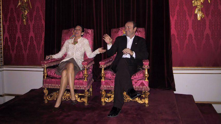 A photograph has emerged of Ghislaine Maxwell sitting on a throne in the Throne Room at Buckingham Palace, alongside actor Kevin Spacey. It is believed to have been taken in 2002.
