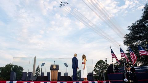 President Donald Trump and First Lady Melania Trump watch as the US Navy Blue Angels and US Air Force Thunderbirds fly over the National Mall in Washington, DC.