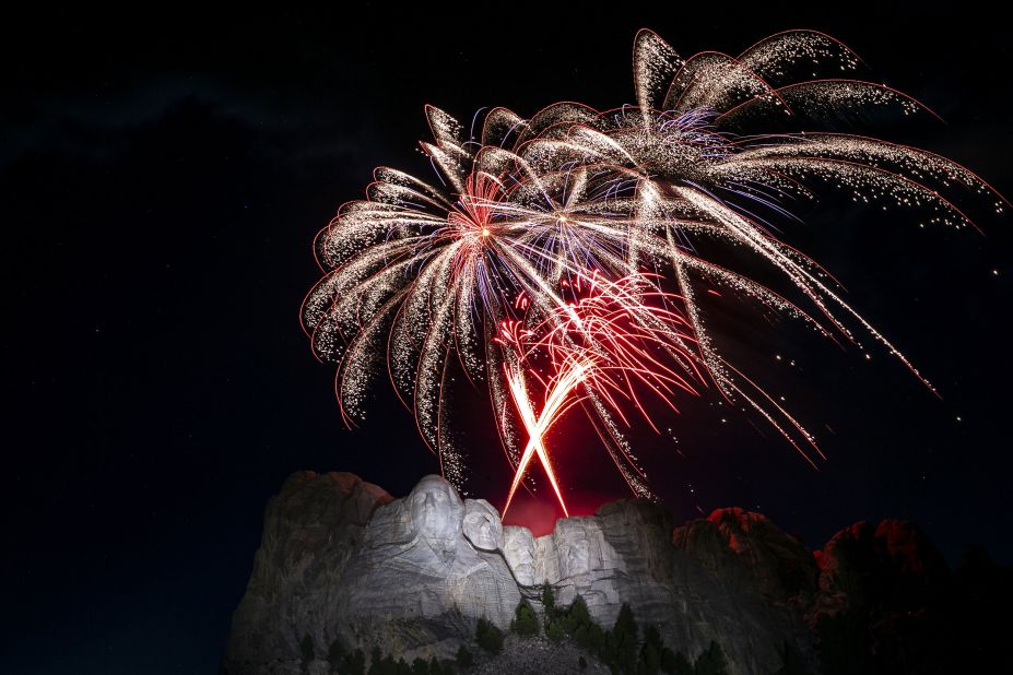 Fireworks explode over Mount Rushmore during an early Independence Day celebration in Keystone, South Dakota, on Friday, July 3.