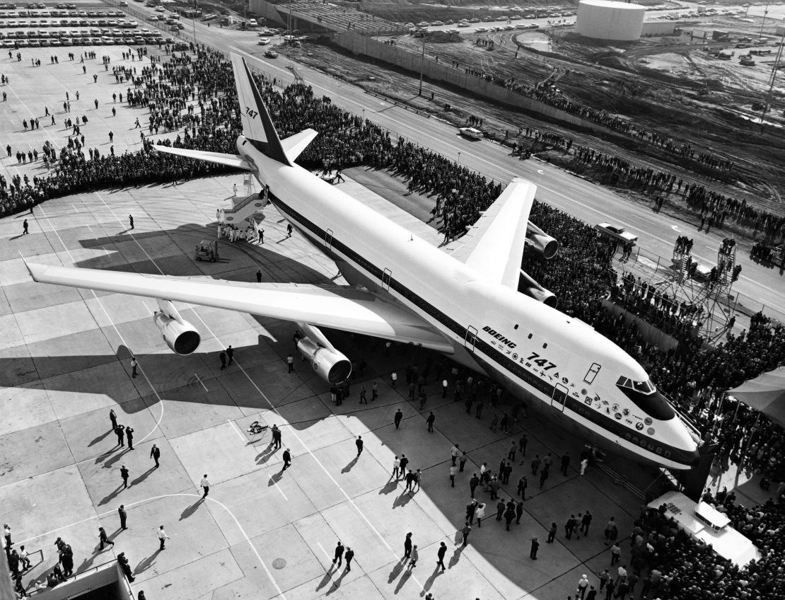 Picture of the first Boeing 747 rolling out of the Boeing's plant in Washington state in September 1968. The plane entered service in January 1970, on Pan Am's New York-London route.