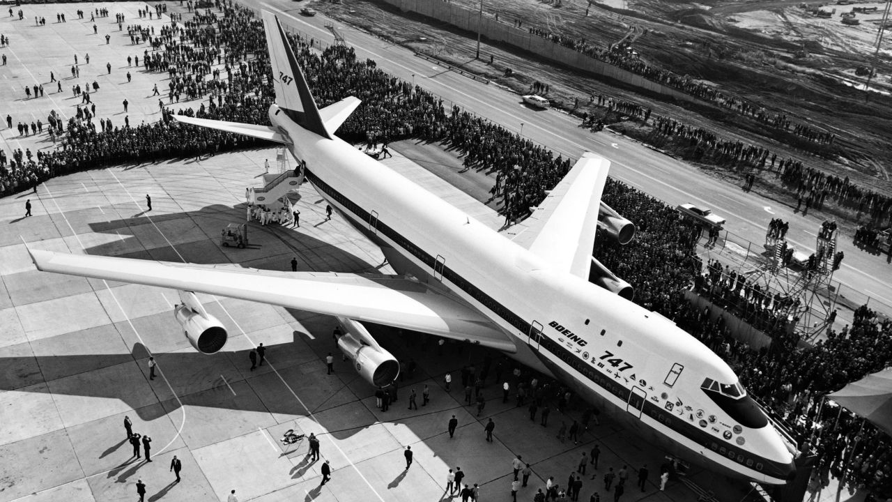 Picture of the first Boeing 747 rolling out of the Boeing's plant in Washington state in September 1968. The plane entered service in January 1970, on Pan Am's New York-London route.