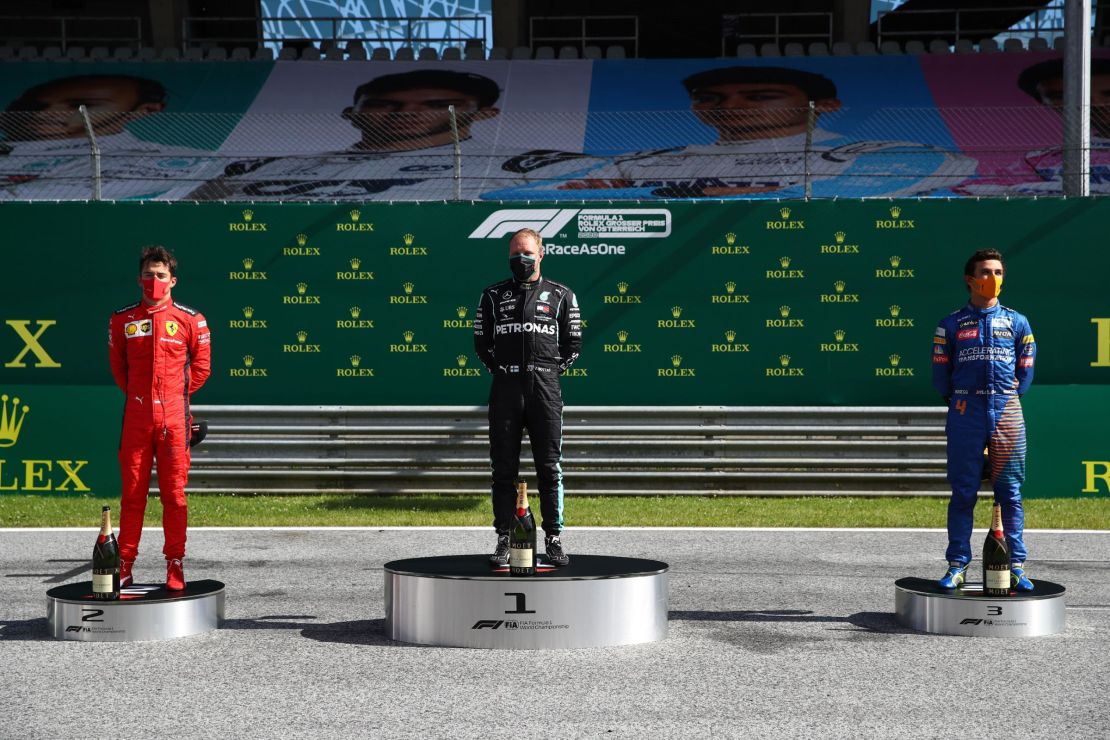 The top three drivers celebrate on the new socially distanced podium.