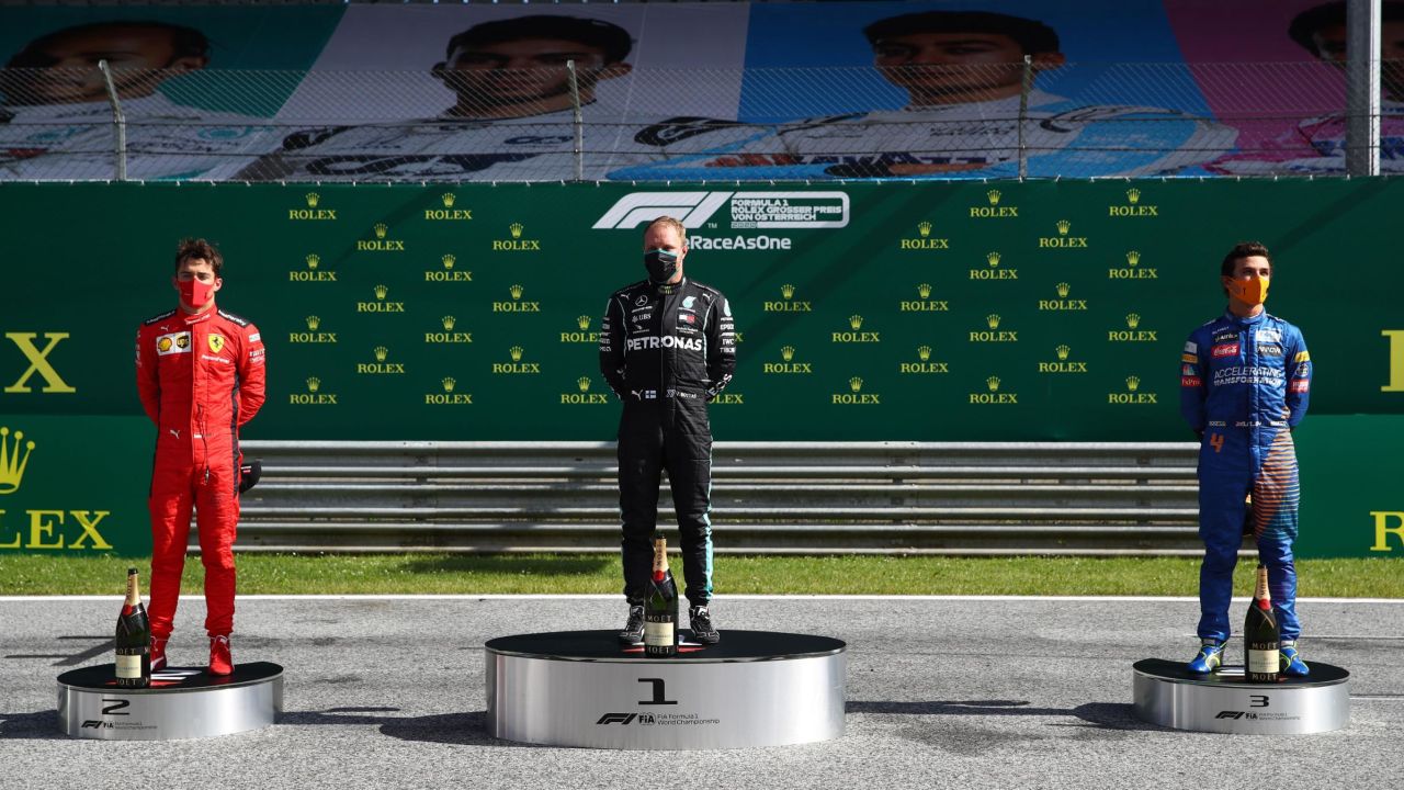 The top three drivers celebrate on the new socially distanced podium.