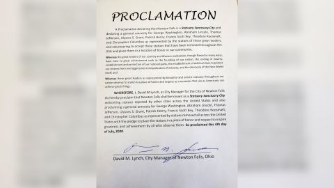 David Lynch's proclamation declaring Newton Falls a "Statuary Sanctuary City." 