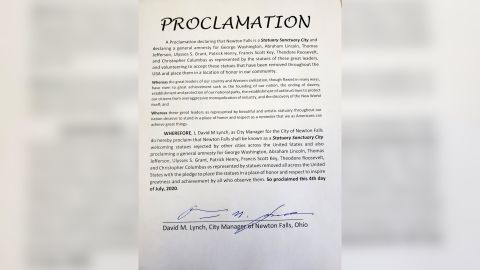 David Lynch's proclamation declaring Newton Falls a "Statuary Sanctuary City."