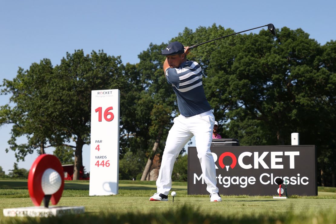 DeChambeau tees off on the 16th hole of the final round of the Rocket Mortgage Classic in Detroit.