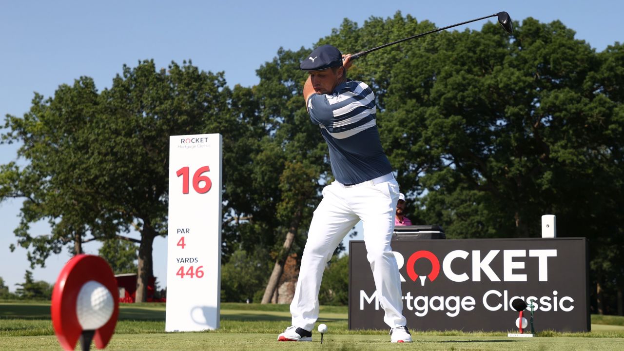DeChambeau tees off on the 16th hole of the final round of the Rocket Mortgage Classic in Detroit.