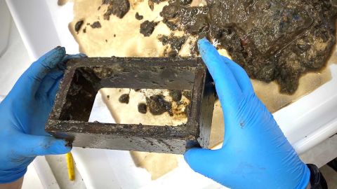 The metal box was severely damaged by the elements after 126 years in the monument.