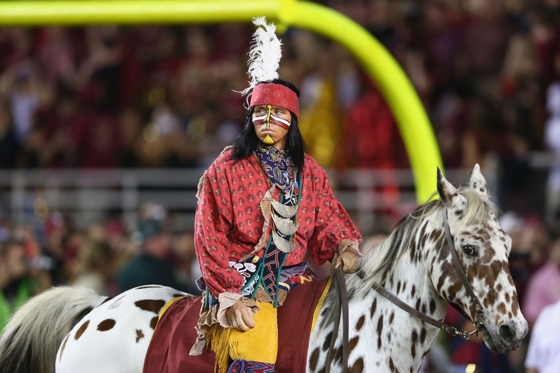 "Osceola" and "Renegade" of the Florida State Seminoles are seen during their game at Doak Campbell Stadium on October 18, 2014 in Tallahassee, Florida.