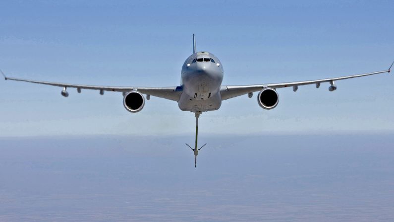 <strong>Probe-and-drogue:</strong> The Airbus A330 MRTT can do double-duty, refueling planes from its flying boom and wing-mounted drogue pods.