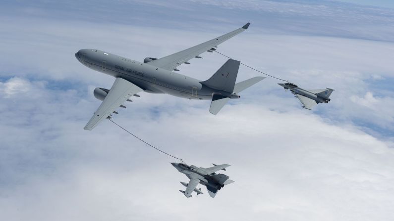 <strong>Britain's Royal Air Force: </strong>A Royal Air Force A330 Voyager tanker refuels an RAF Tornado and Typhoon. Another Voyager -- which was recently given a Union Jack-themed makeover -- is used as a VIP craft by UK government ministers and the royal family. 