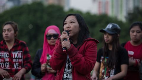 Former Indonesian domestic worker Erwiana Sulistyaningsih speaks during an event in Hong Kong on March 27, 2016. 