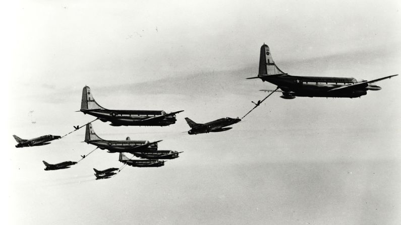 <strong>History:</strong> Air-to-air refueling was first developed in the 1930s. This 1964 image shows two US Air National Guard F-100D Super Sabres being refueled by KC-97G piston-powered tankers.