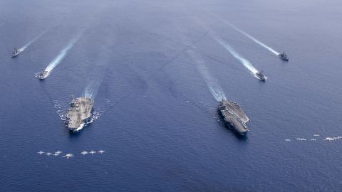 The Nimitz Carrier Strike Force, composed of the aircraft carriers USS Nimitz and USS Ronald Reagan and their escorts conduct operations in the South China Sea.