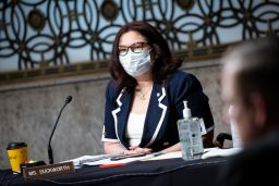 Senator Tammy Duckworth, a Democrat from Illinois, wears a protective mask during a Senate Armed Services Committee confirmation hearing for Kenneth Braithwaite, U.S. President Donald Trump's nominee for navy secretary,May 7, 2020 in Washington, D.C. 