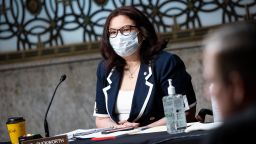 Senator Tammy Duckworth, a Democrat from Illinois, wears a protective mask during a Senate Armed Services Committee confirmation hearing for Kenneth Braithwaite, U.S. President Donald Trump's nominee for navy secretary,May 7, 2020 in Washington, D.C.