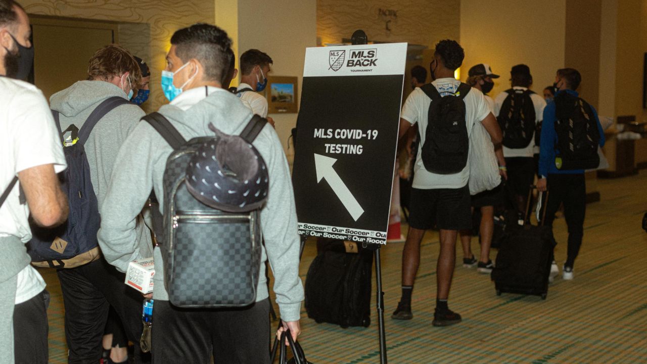 San Jose Earthquakes players check in for testing.