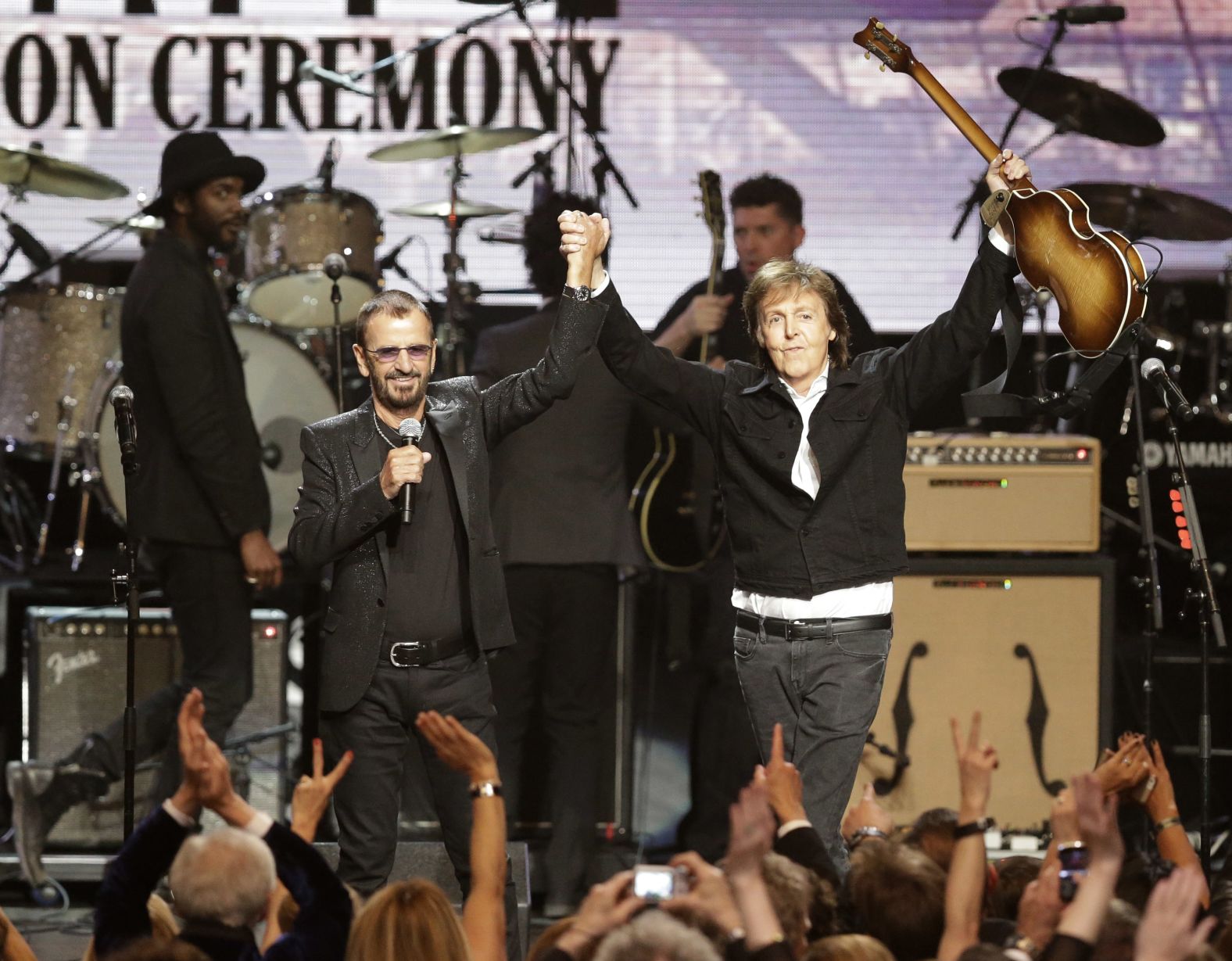 Starr and McCartney acknowledge the crowd at the Rock and Roll Hall of Fame induction ceremony in 2015. Starr was already in the Hall of Fame as a member of the Beatles, but this time he was being inducted as a solo artist.