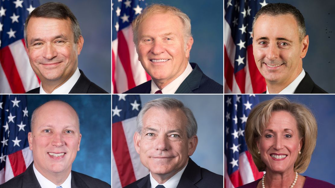 Top, from left to right: Republican Reps. Don Bacon, Steve Chabot and Brian Fitzpatrick. Bottom, from left to right: GOP Reps. Chip Roy, David Schweikert and Ann Wagner. All of them hold seats in districts Democrats have targeted that include more college graduates than the national average.