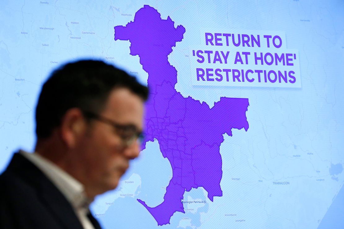 A graphic is seen showing the areas of Melbourne that will be required to go into lock down as Victorian Premier Daniel Andrews speak to the media on July 07.