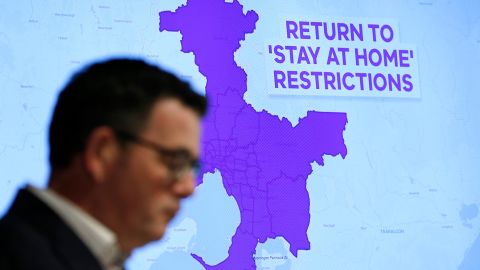 A graphic is seen showing the areas of Melbourne that will be required to go into lock down as Victorian Premier Daniel Andrews speak to the media on July 07.