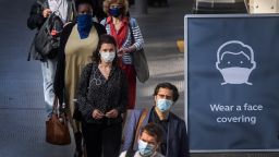 Passengers wearing face masks at Waterloo station in London as face coverings become mandatory on public transport in England with the easing of further lockdown restrictions during the coronavirus pandemic. (Photo by Victoria Jones/PA Images via Getty Images)

Date created:
June 15, 2020