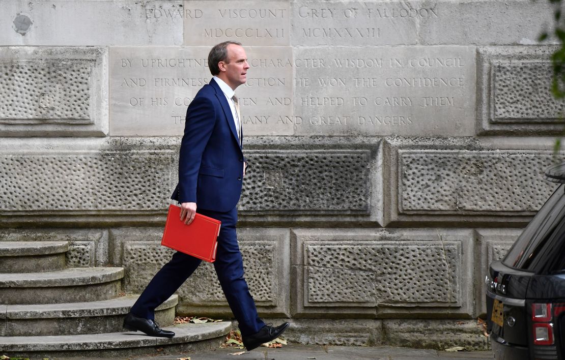 Britain's Foreign Secretary Dominic Raab leaves the Foreign and Commonwealth Office (FCO) in central London on July 1, 2020.