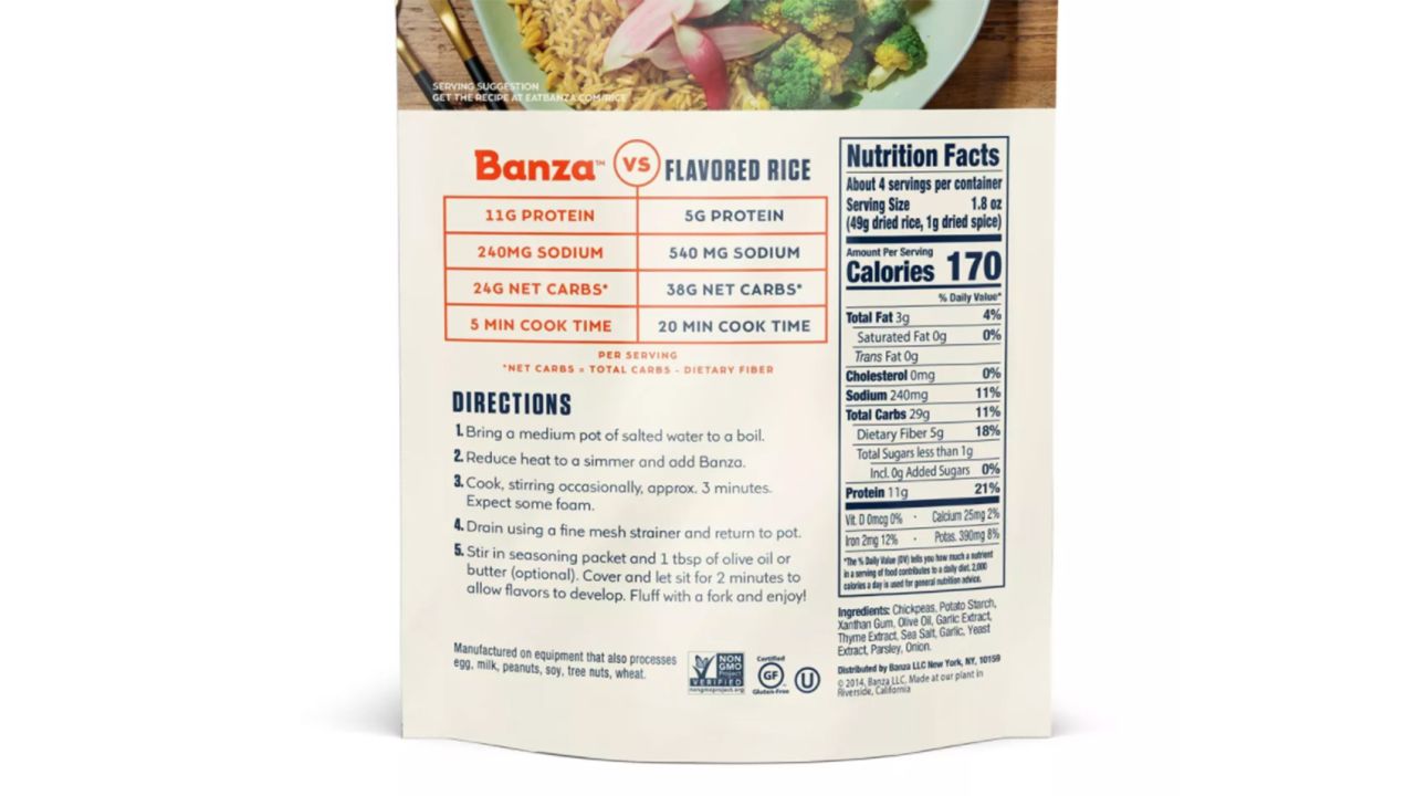 The back of a bag of Banza rice 