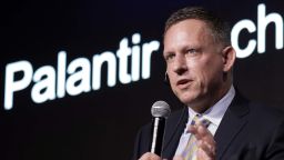 Peter Thiel, co-founder and chairman of Palantir Technologies Inc., speaks during a news conference in Tokyo, Japan, on Monday, Nov. 18, 2019. The billionaire entrepreneur was in Japan to unveil a $150 million, 50-50 joint venture with local financial services firm Sompo Holdings Inc. Palantir Technologies Japan Co. will target government and public sector customers, emphasizing health and cybersecurity initially. Photographer: Kiyoshi Ota/Bloomberg via Getty Images